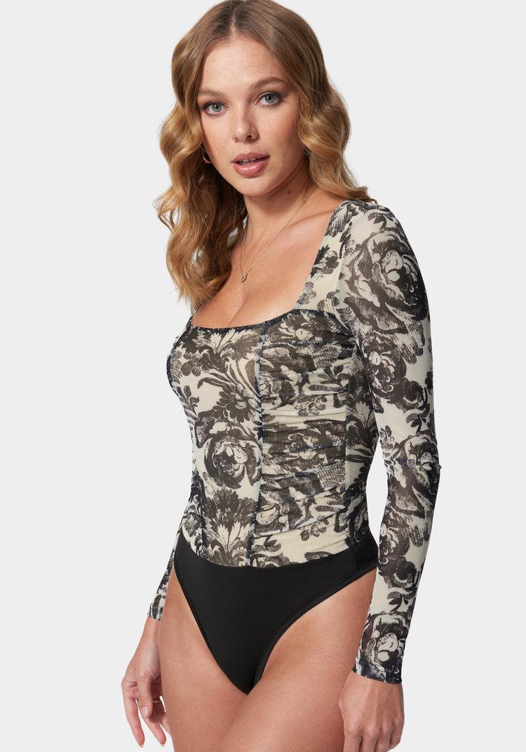Bebe Mesh Long Sleeve Ruched Bodysuit