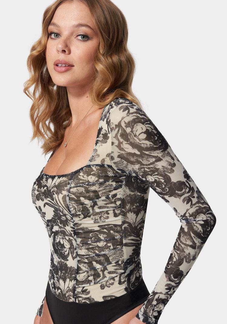 Bebe Mesh Long Sleeve Ruched Bodysuit