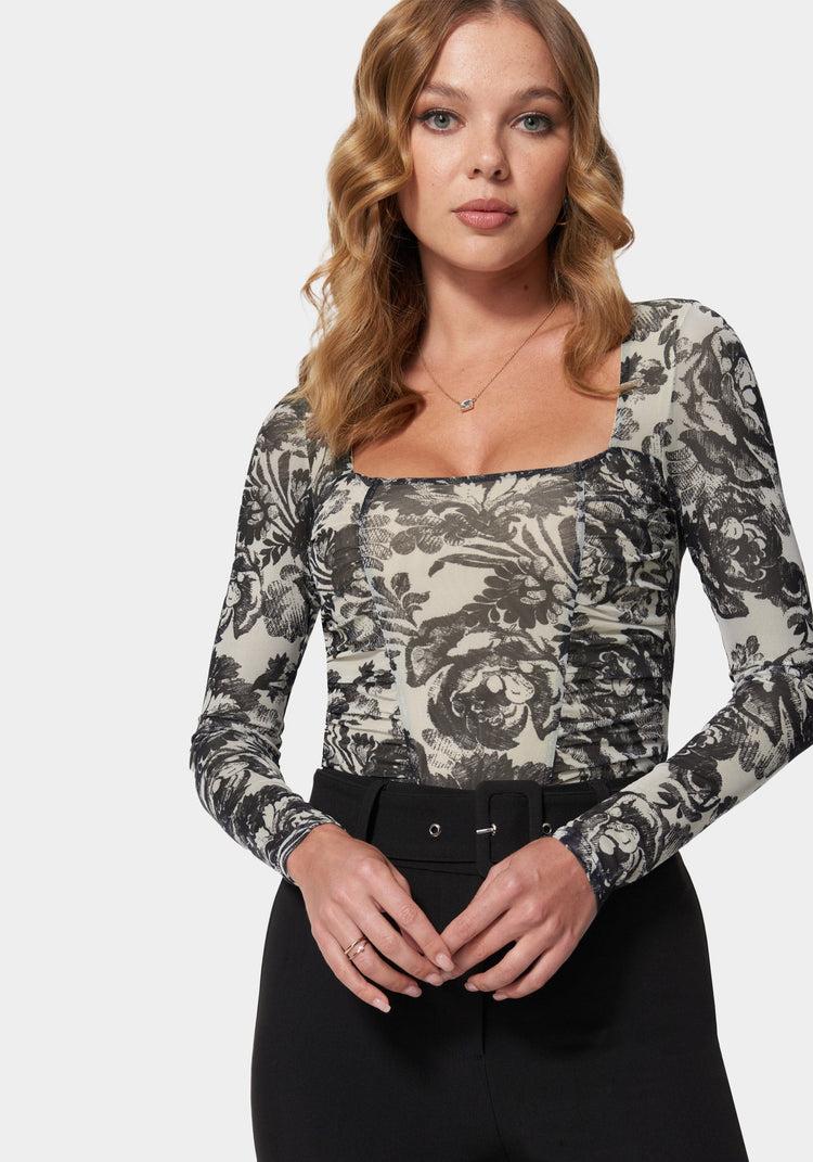 bebe Mesh Long Sleeve Ruched Bodysuit