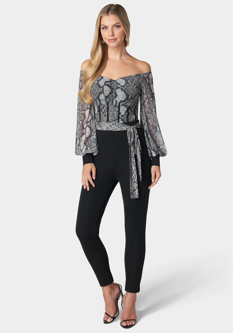 bebe Mesh Off Shoulder Catsuit