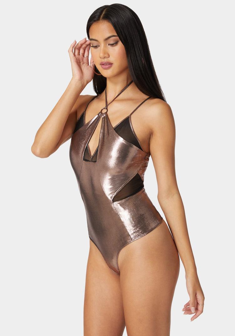 Bebe Metallic Foil Halter Neck Mesh Combo Bodysuit