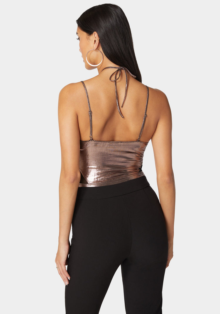 Bebe Metallic Foil Halter Neck Mesh Combo Bodysuit