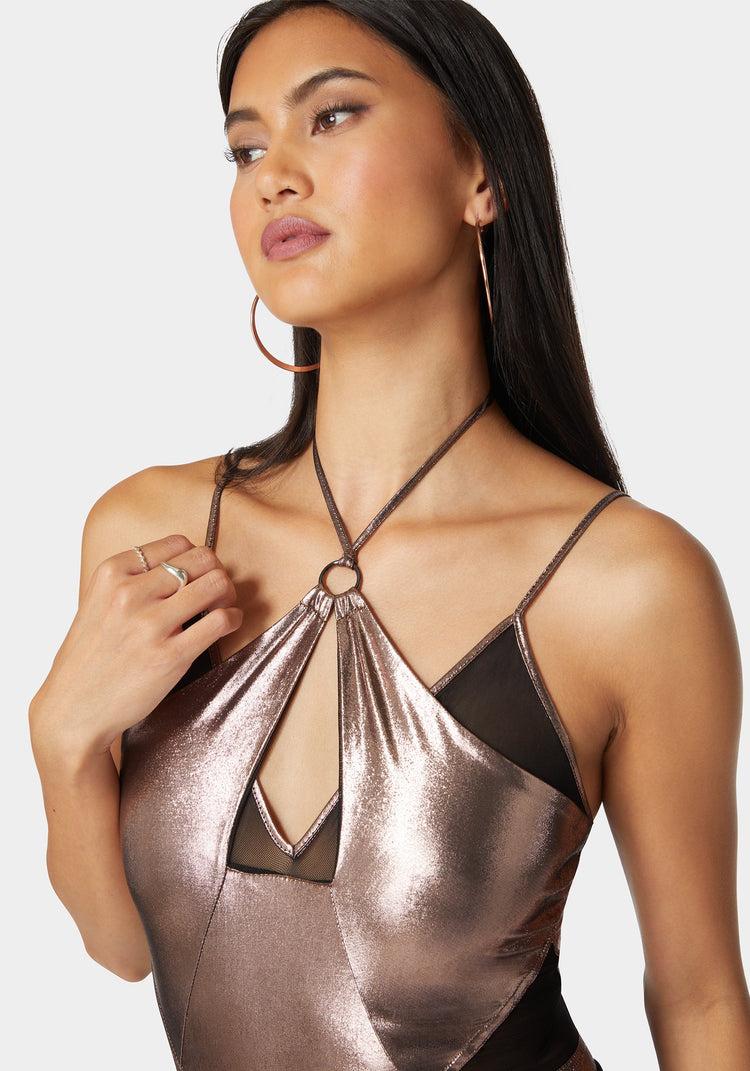 Bebe Metallic Foil Halter Neck Mesh Combo Bodysuit