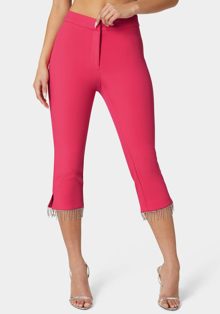 bebe Mid Waist Rhinestone Fringe Capri