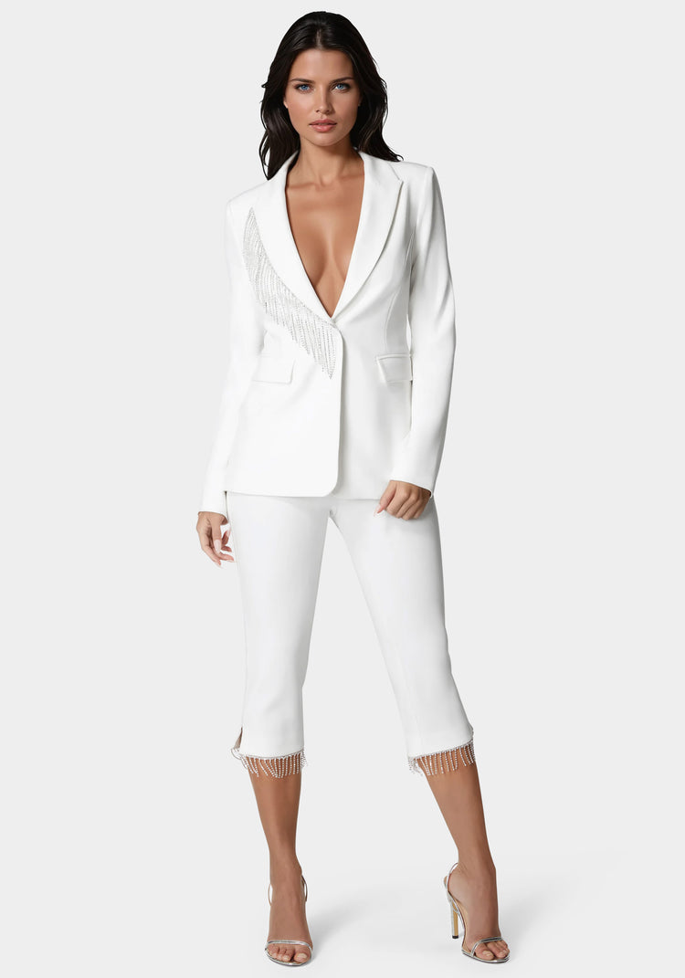 bebe Mid Waist Rhinestone Fringe Capri