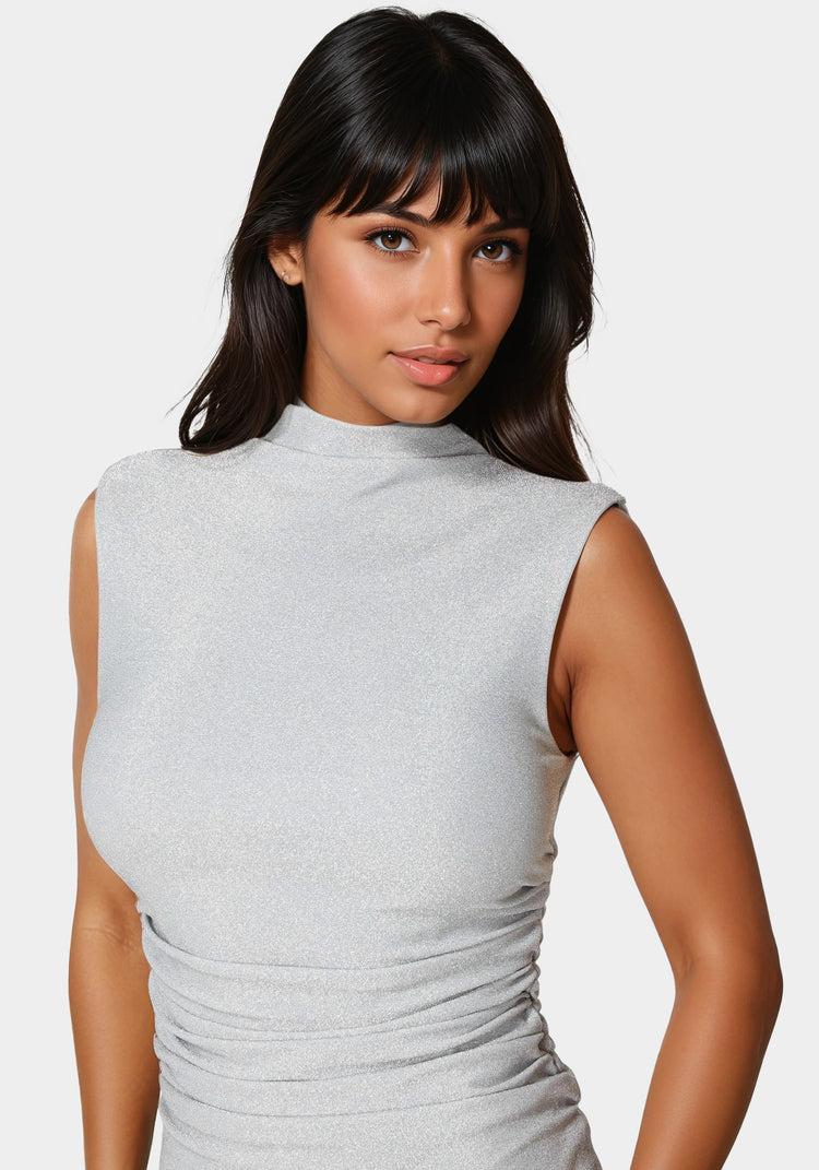 Bebe Milan Metallic Drape Neck Shirred Dress