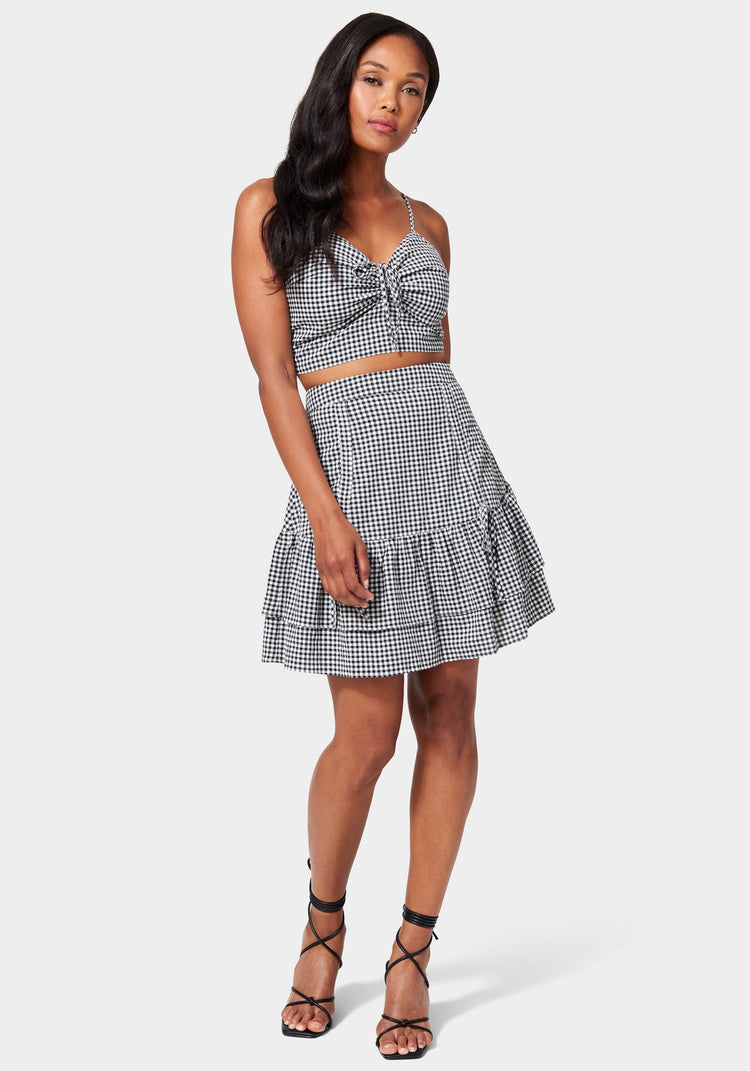 Bebe Mini Gingham Front Ruching Flutter Skirt