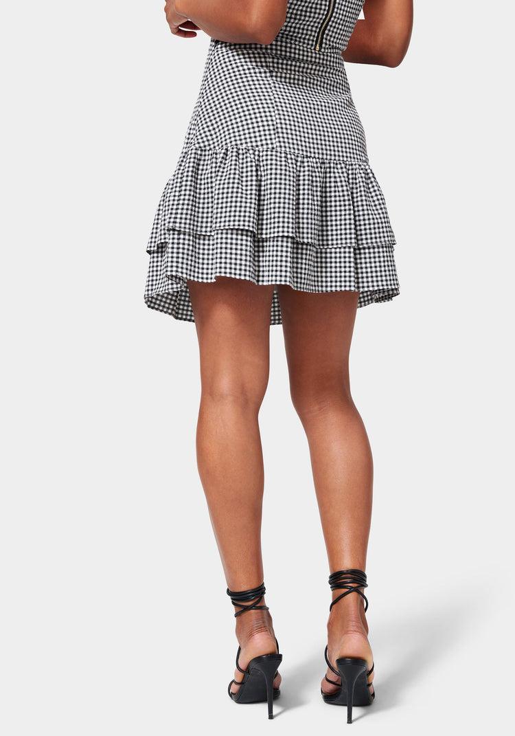 Bebe Mini Gingham Front Ruching Flutter Skirt