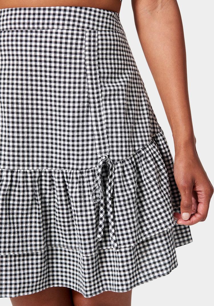 Bebe Mini Gingham Front Ruching Flutter Skirt