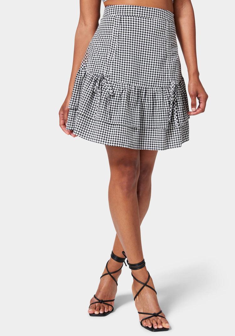 bebe Mini Gingham Front Ruching Flutter Skirt