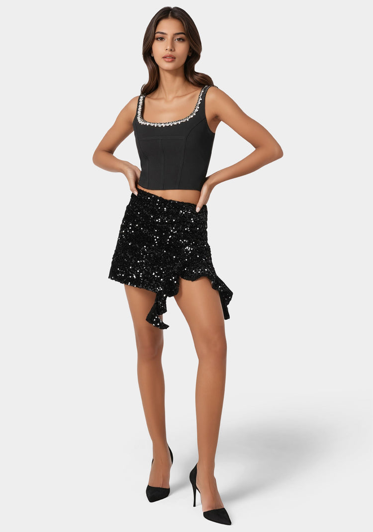 Bebe Mini Sequin Ruffle Slit Skort
