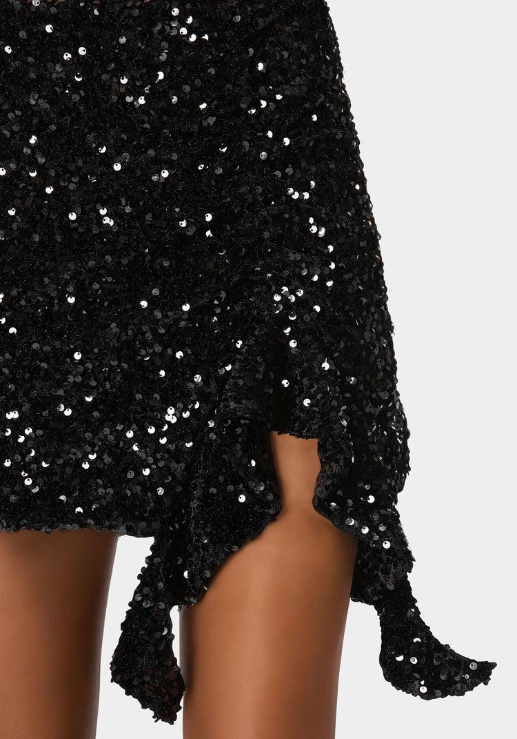 Bebe Mini Sequin Ruffle Slit Skort