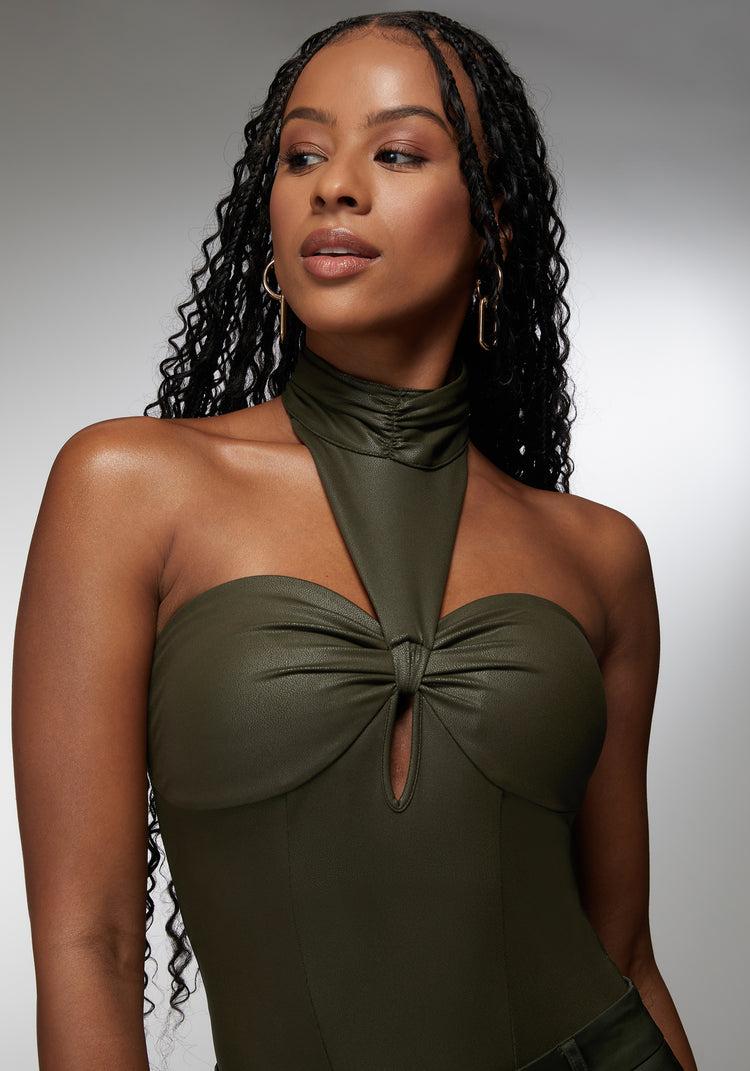 Bebe Mock Neck Halter Coated Knit Bodysuit