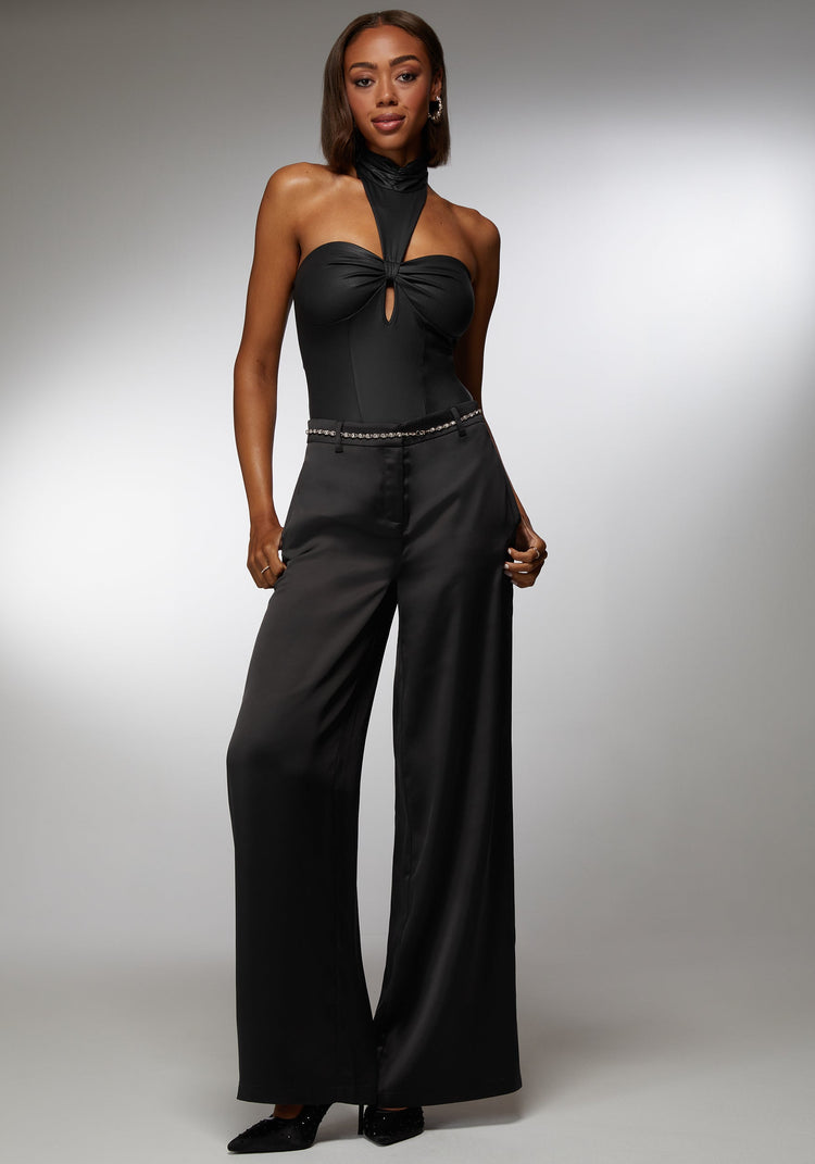 Bebe Mock Neck Halter Coated Knit Bodysuit