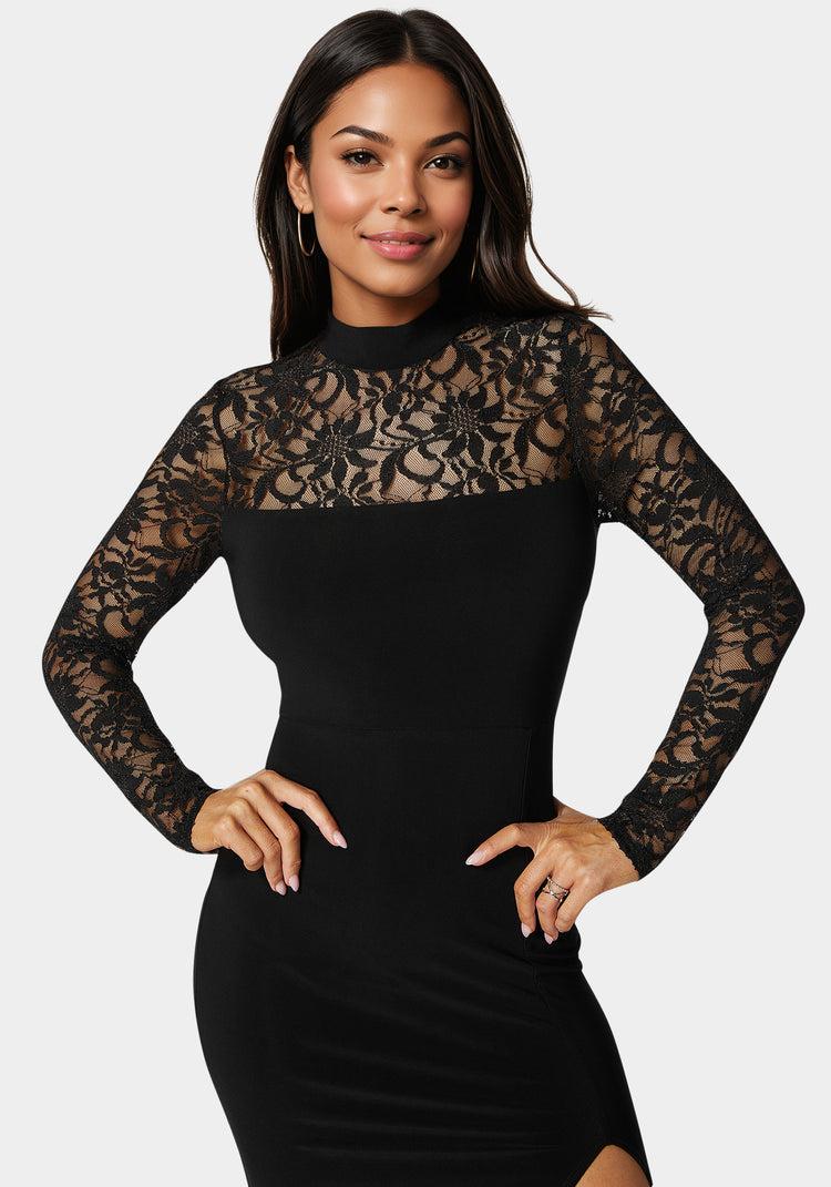 Bebe Mock Neck Lace Bodice Maxi Dress