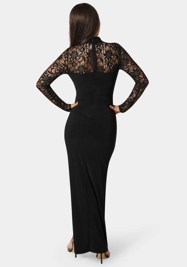 Bebe Mock Neck Lace Bodice Maxi Dress