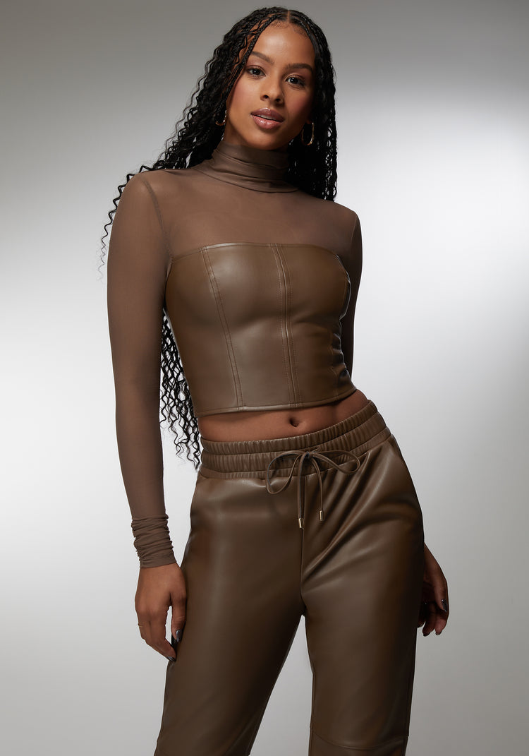 bebe Mock Neck Mesh Combo Vegan Leather Top