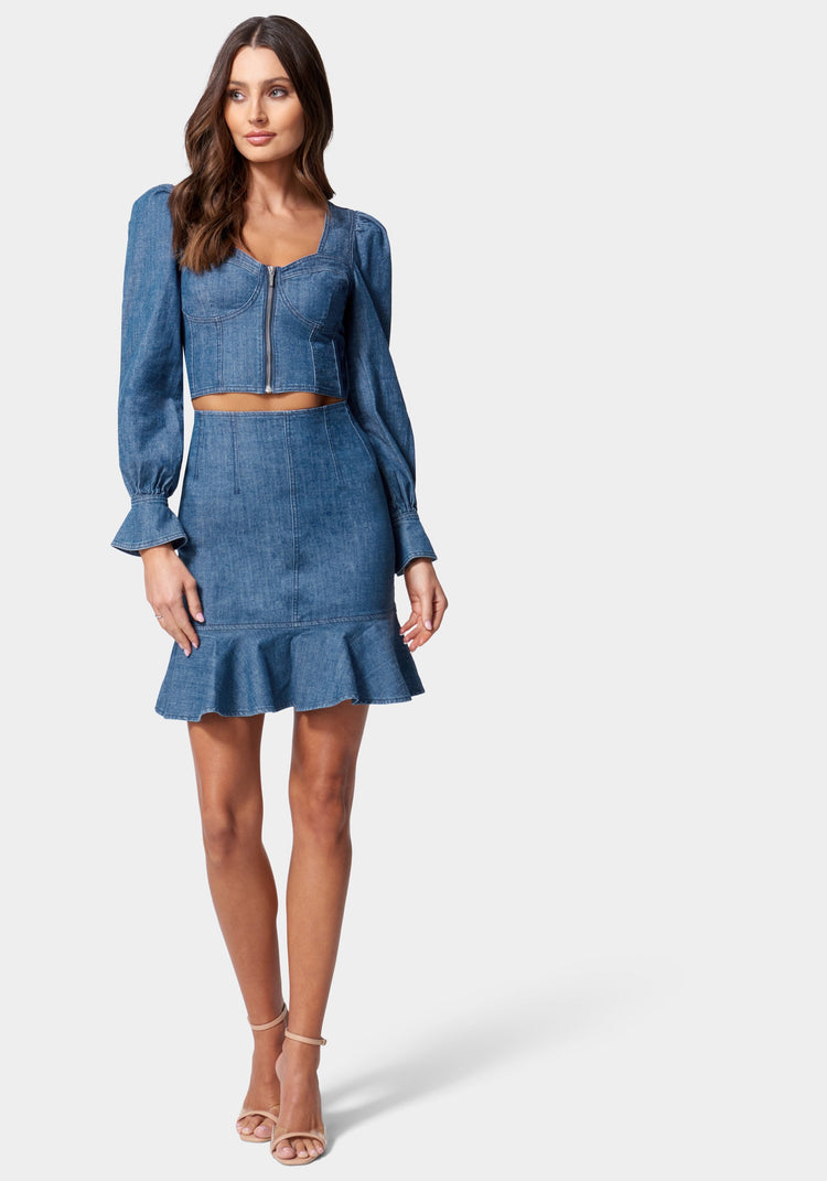 Bebe Multi Dart Denim Flared Skirt
