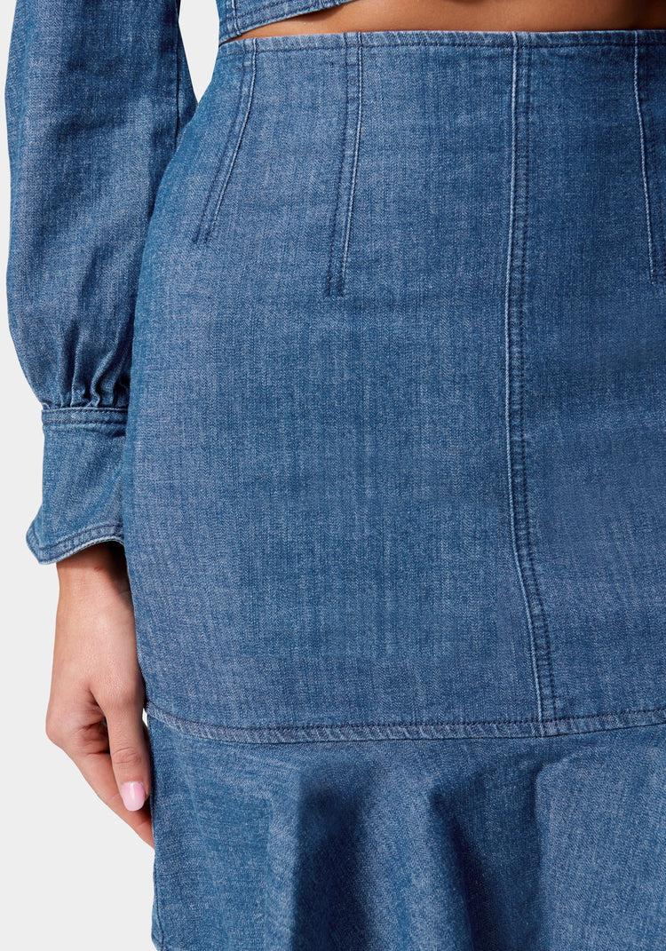 Bebe Multi Dart Denim Flared Skirt