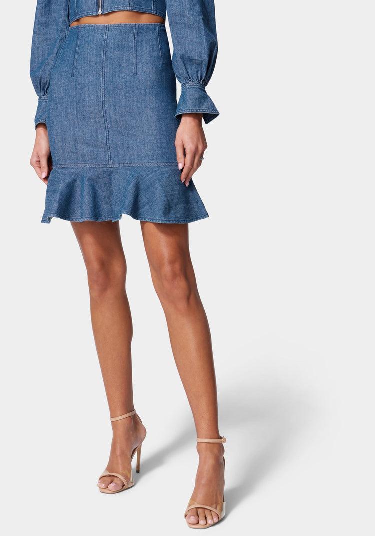 bebe Multi Dart Denim Flared Skirt