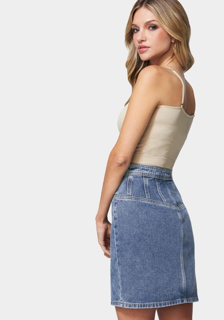 Bebe Multi Seam Zip Front Denim Skirt