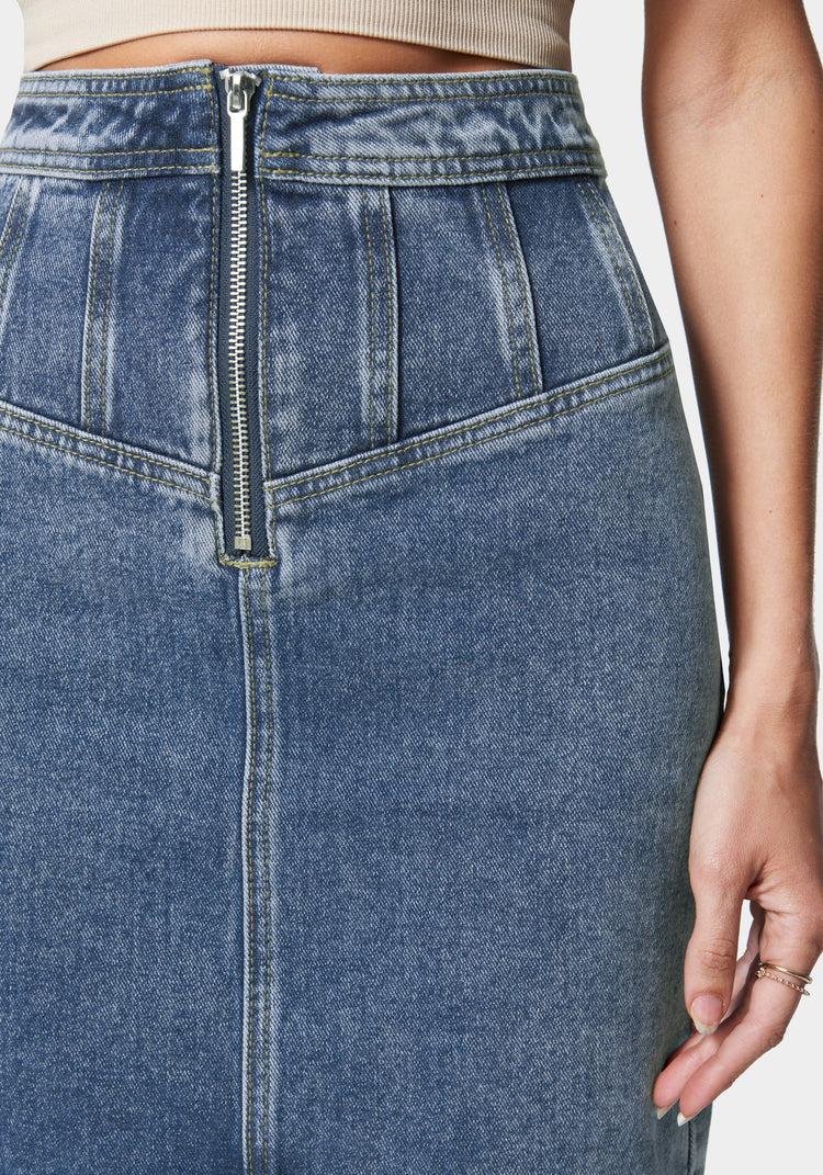 Bebe Multi Seam Zip Front Denim Skirt