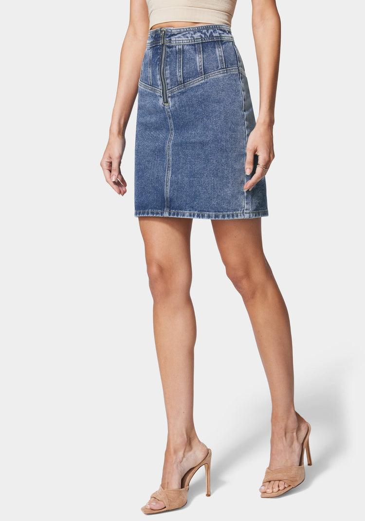 bebe Multi Seam Zip Front Denim Skirt