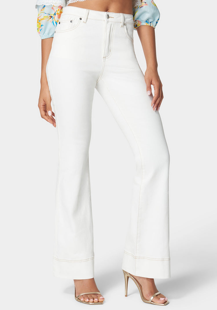 bebe Natural Waist Lace Detail Wide Leg Jeans