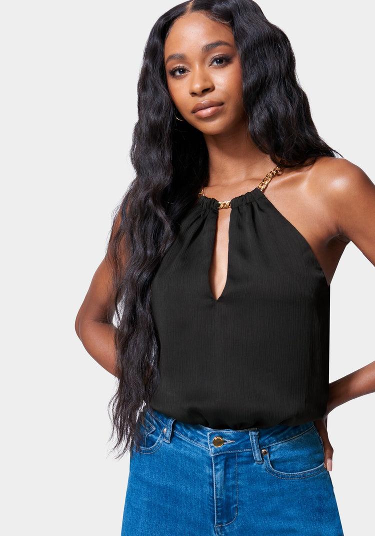 bebe Neckline Trim Detail Blouson Bodysuit