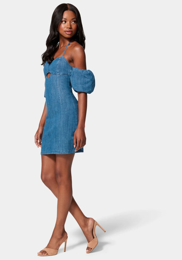 Bebe Off Shoulder Bubble Sleeve Denim Dress