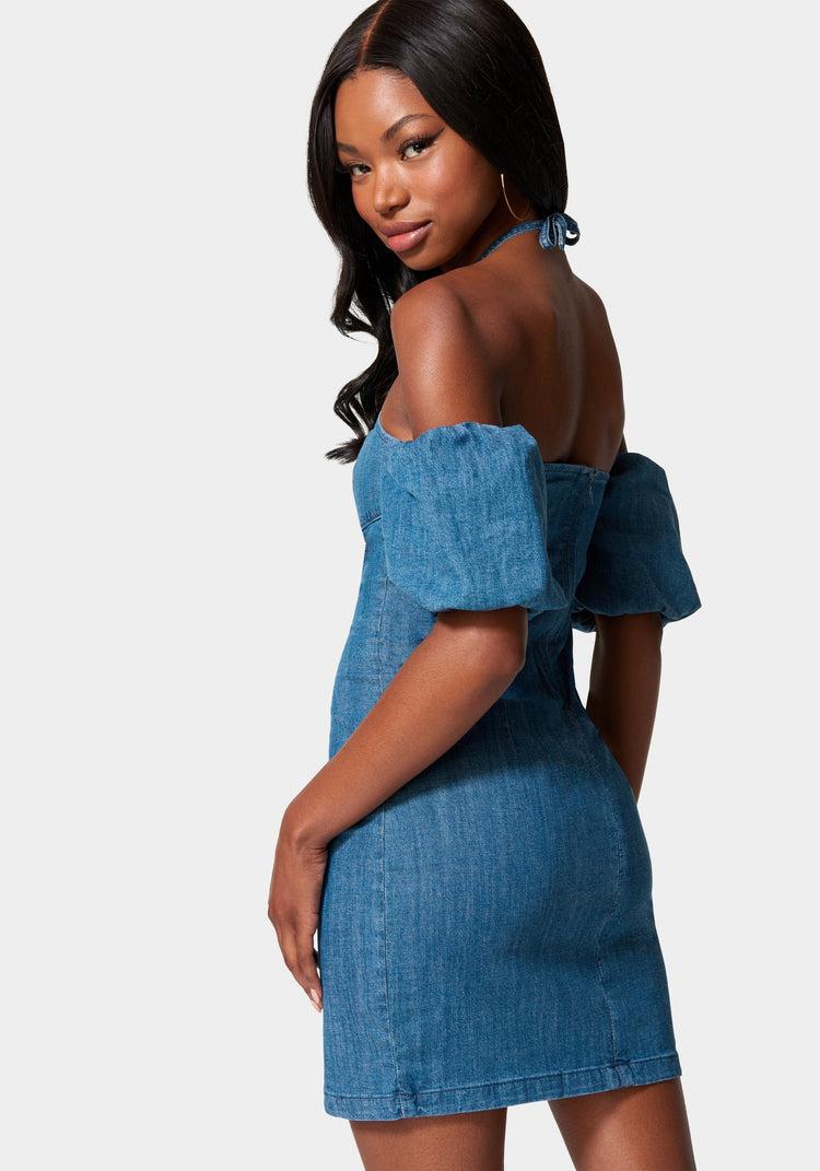 Bebe Off Shoulder Bubble Sleeve Denim Dress