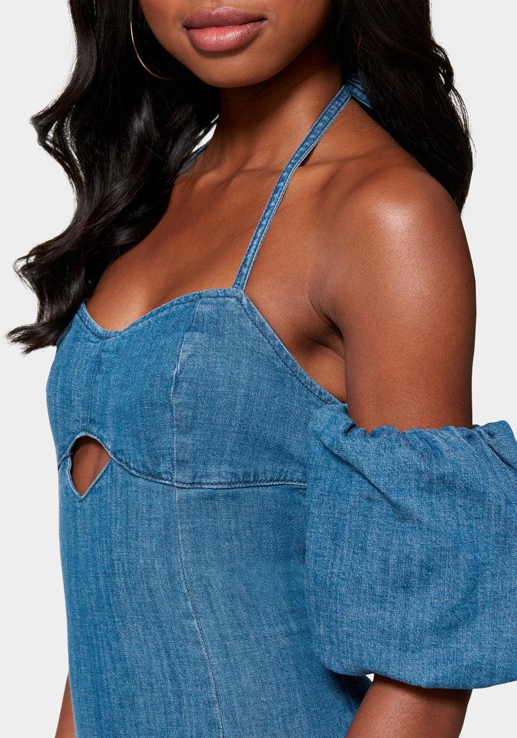 Bebe Off Shoulder Bubble Sleeve Denim Dress