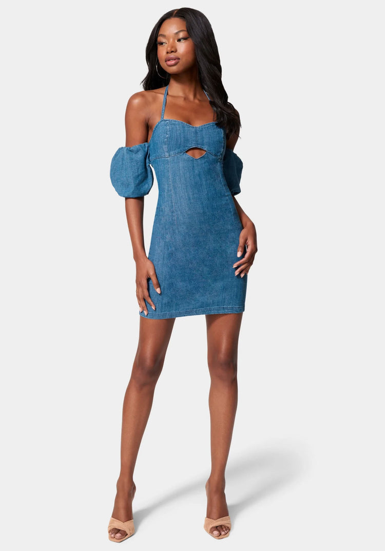 bebe Off Shoulder Bubble Sleeve Denim Dress