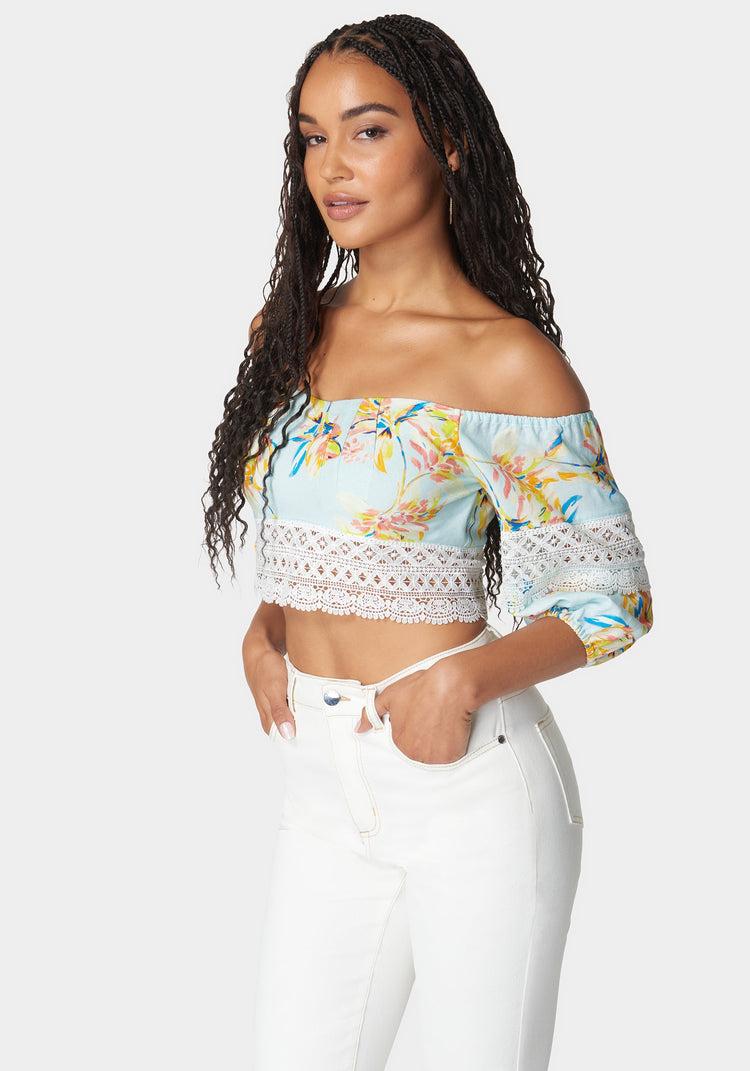 Bebe Off Shoulder Crochet Lace Detail Linen Top