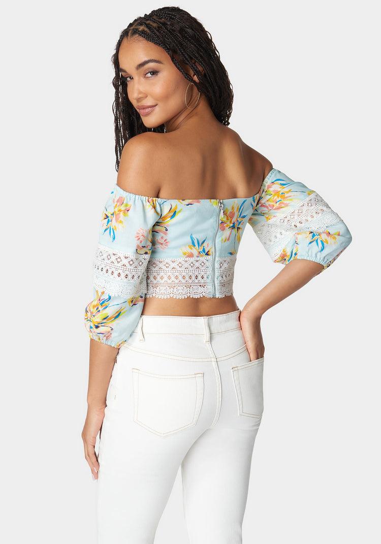 Bebe Off Shoulder Crochet Lace Detail Linen Top