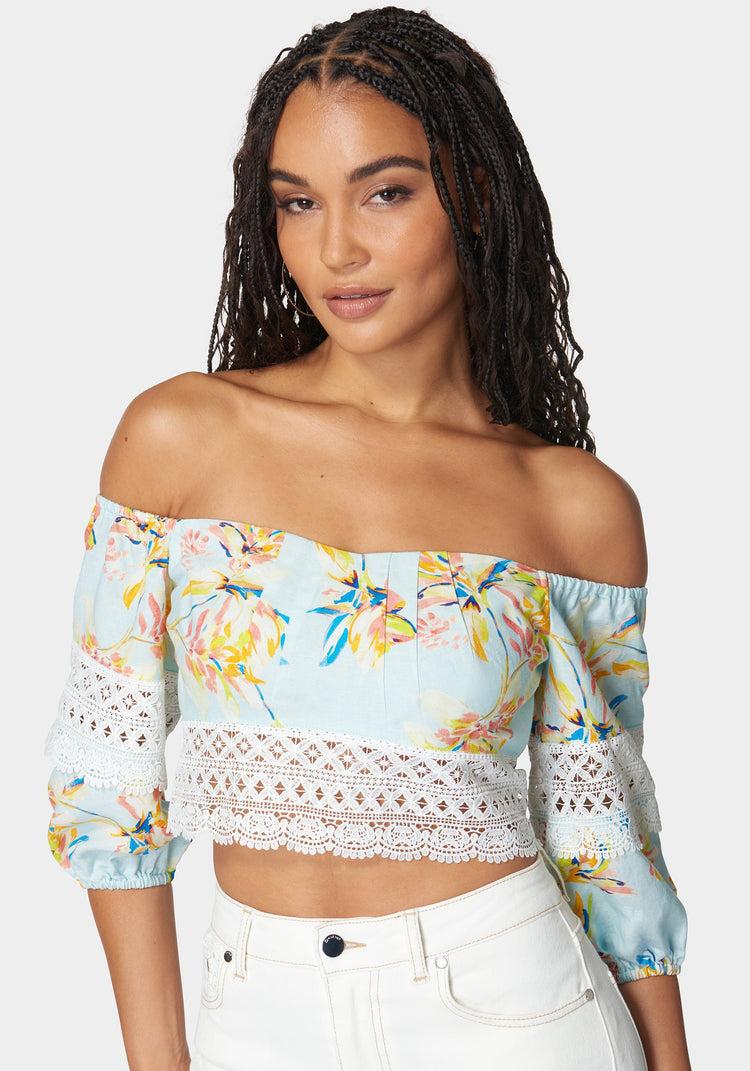 Bebe Off Shoulder Crochet Lace Detail Linen Top