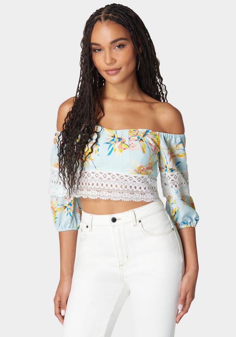 bebe Off Shoulder Crochet Lace Detail Linen Top