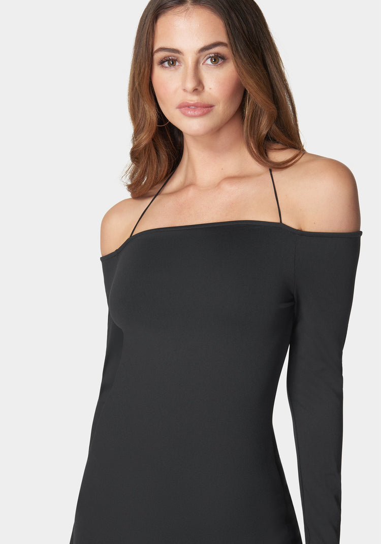 Bebe Off Shoulder Cross Neck Mini Dress