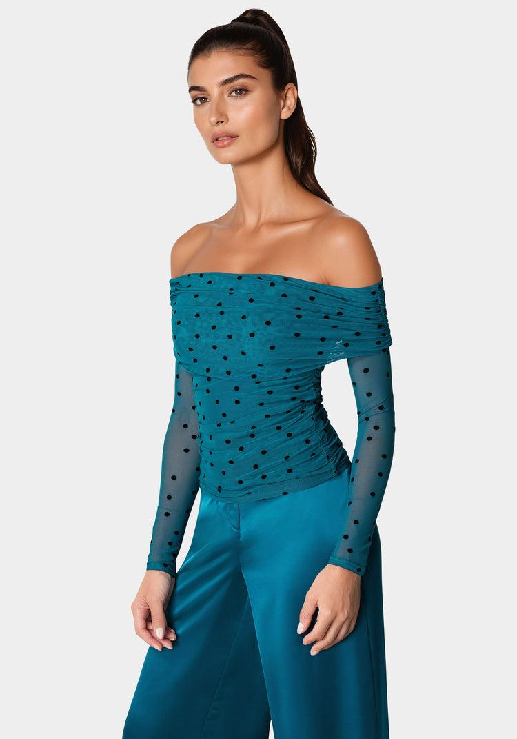 Bebe Off Shoulder Flocked Mesh Top