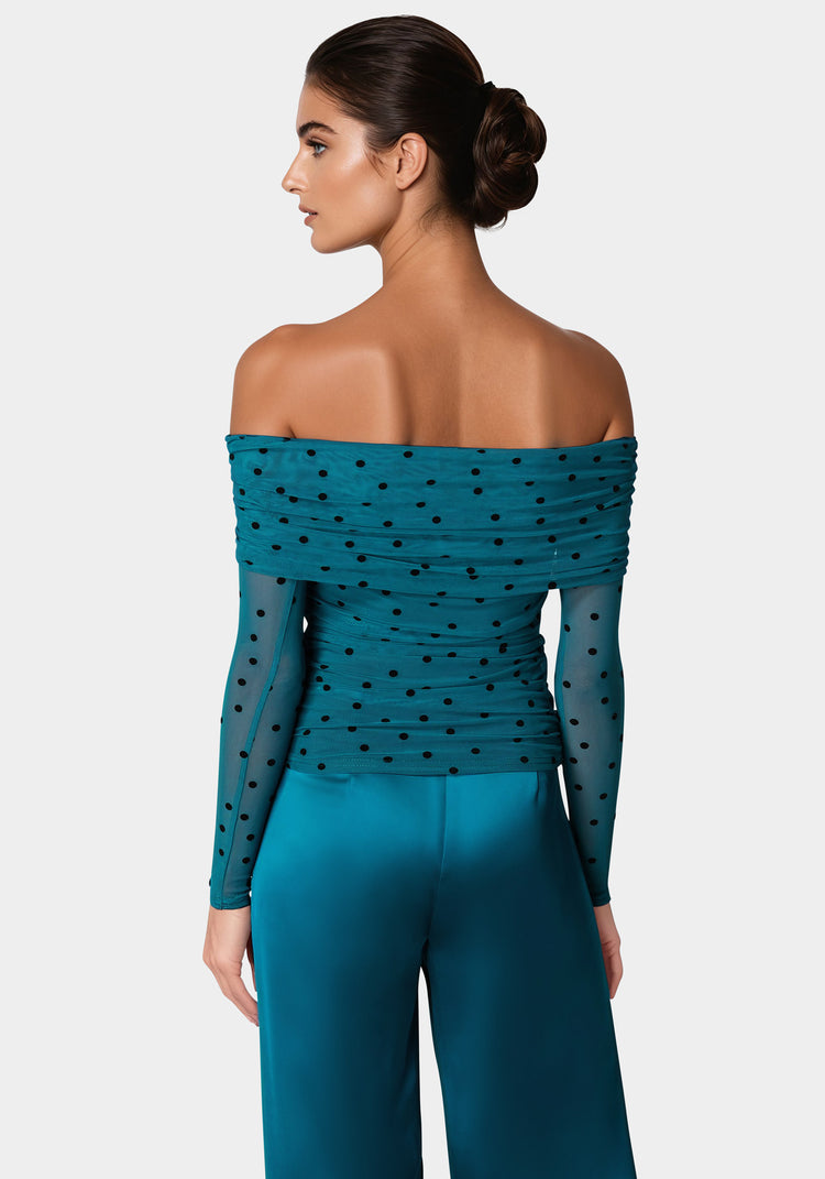 Bebe Off Shoulder Flocked Mesh Top