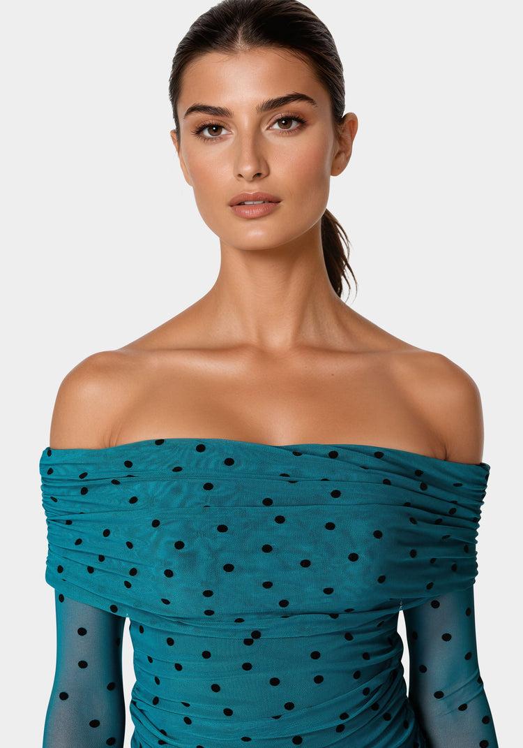 Bebe Off Shoulder Flocked Mesh Top
