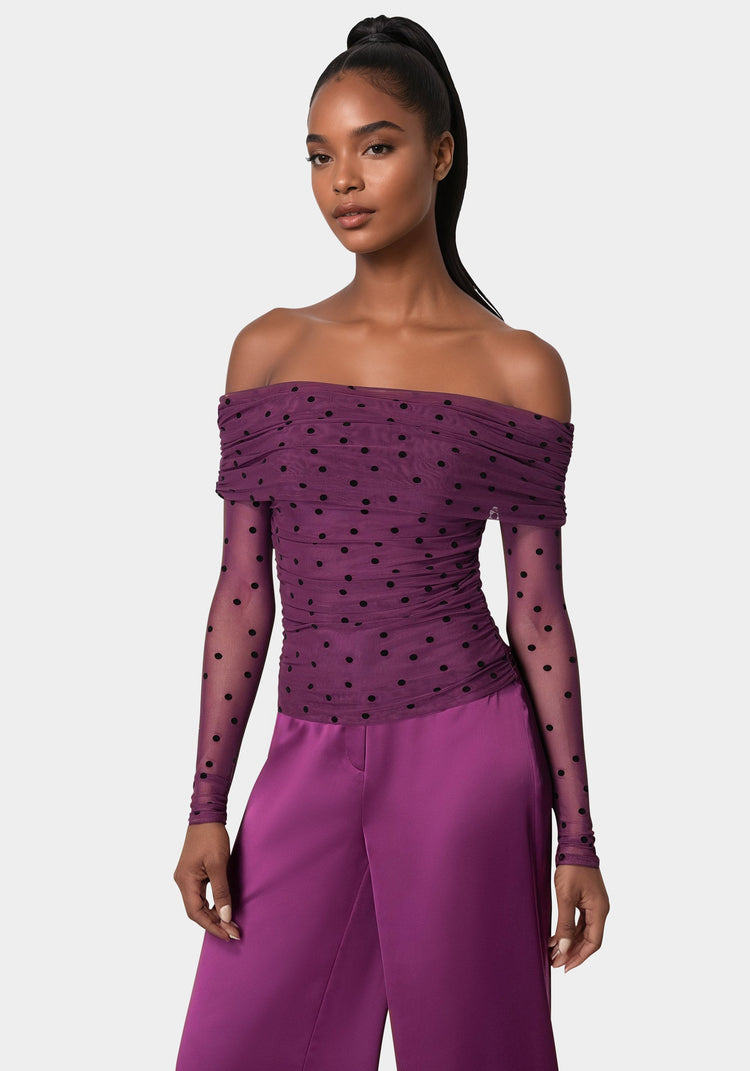 Bebe Off Shoulder Flocked Mesh Top