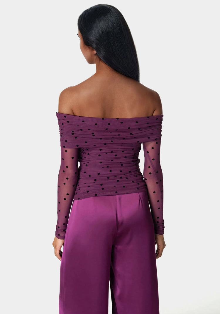 Bebe Off Shoulder Flocked Mesh Top