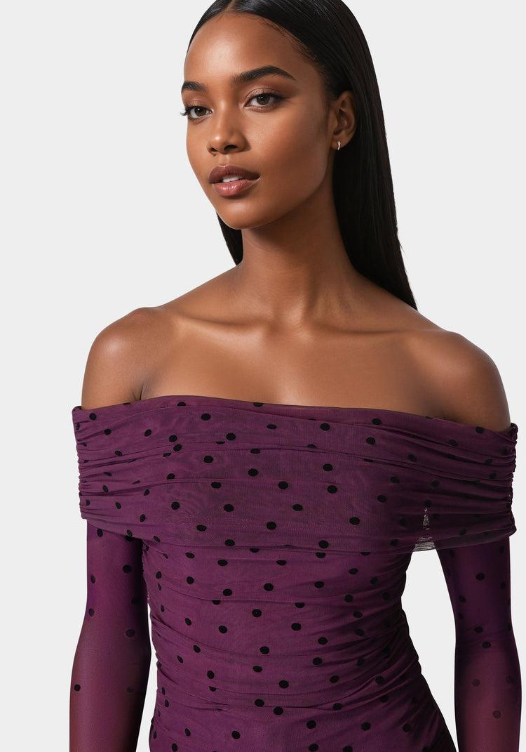 Bebe Off Shoulder Flocked Mesh Top