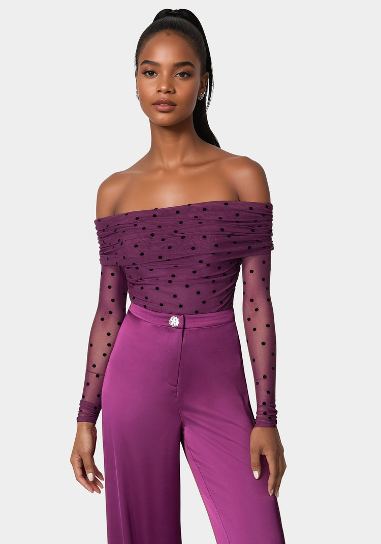 bebe Off Shoulder Flocked Mesh Top