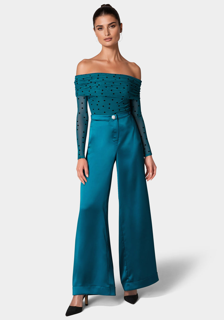 bebe Off Shoulder Flocked Mesh Top