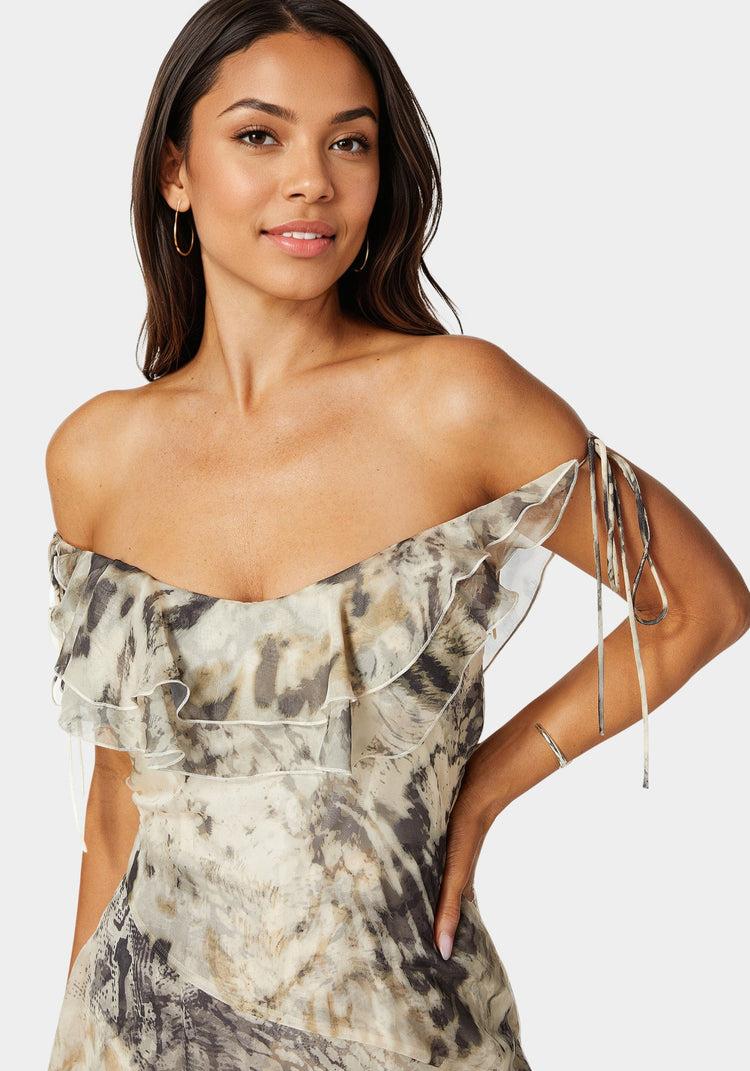 Bebe Off Shoulder Flowy Romper