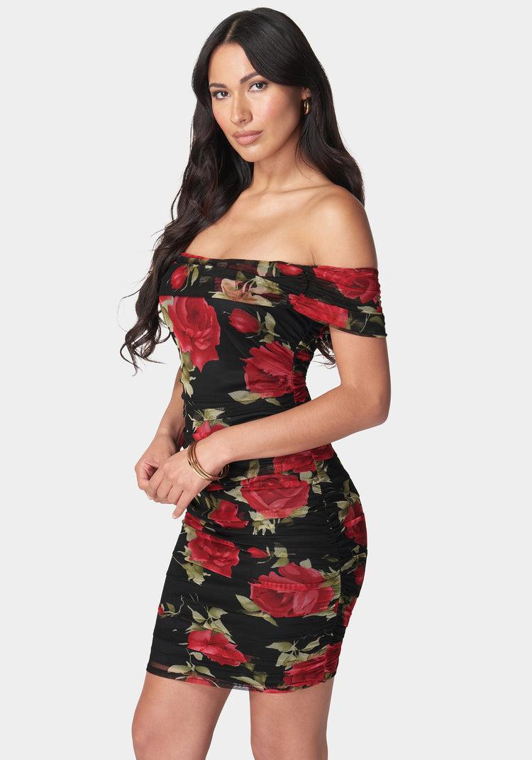 Bebe Off Shoulder Mesh Dress