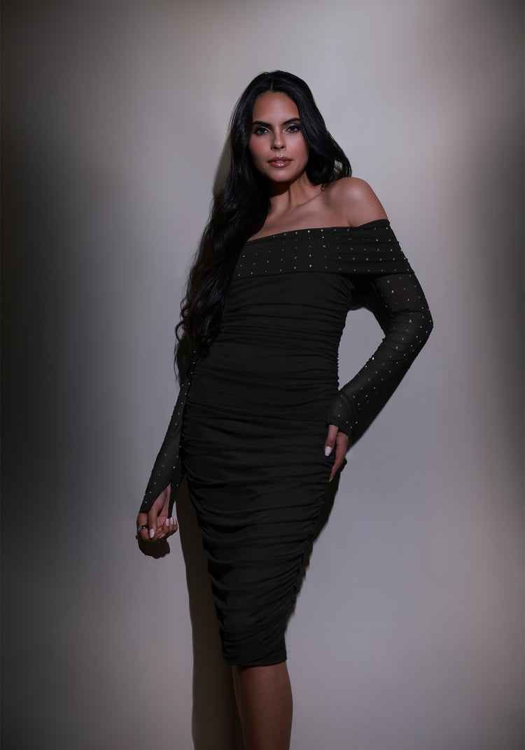 Bebe Bebe Off Shoulder Mesh Midi Dress Embellished With Crystals By Swarovski