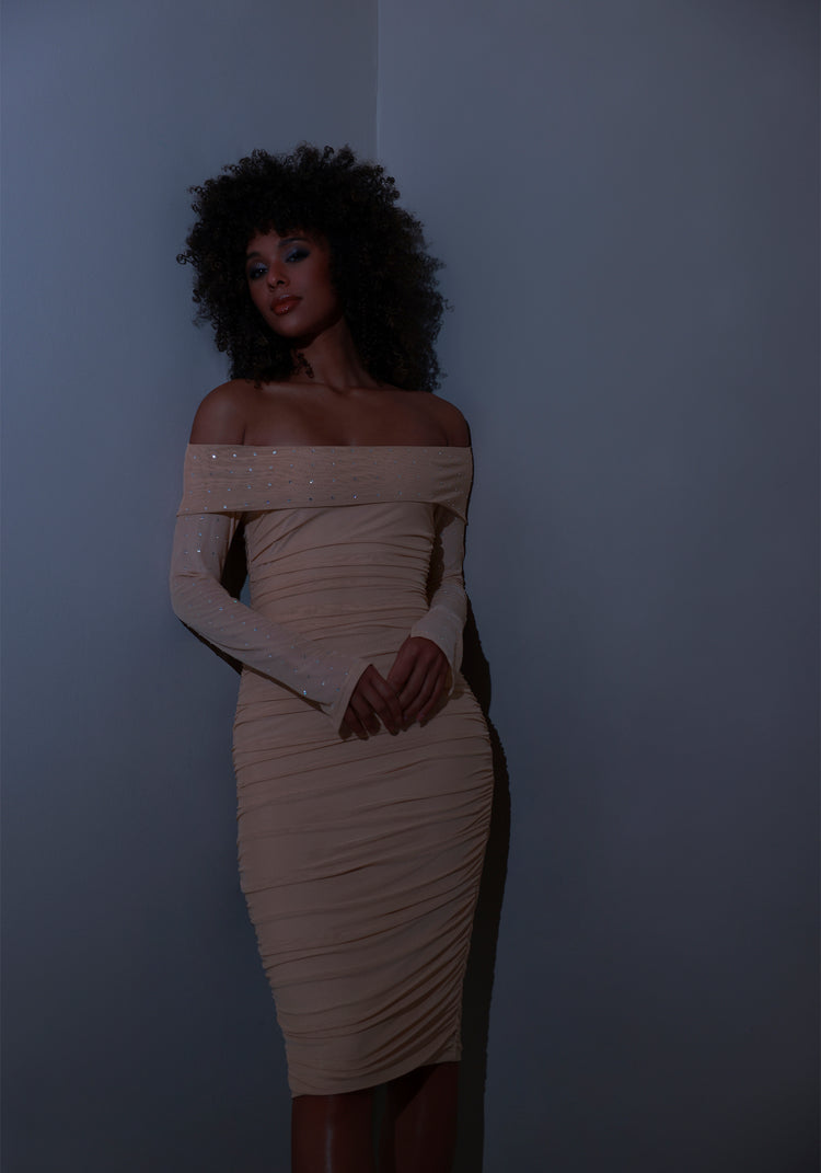 Bebe Bebe Off Shoulder Mesh Midi Dress Embellished With Crystals By Swarovski